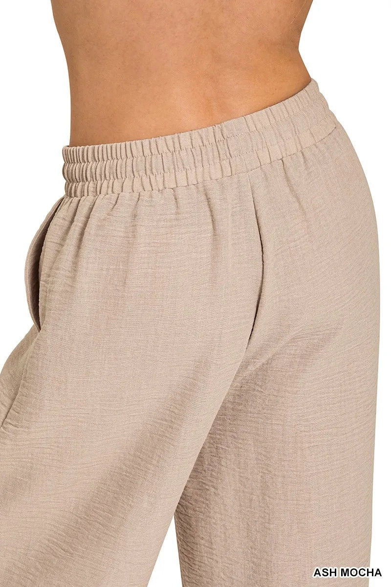 Zenana Woven Crepe Elastic Band Pants