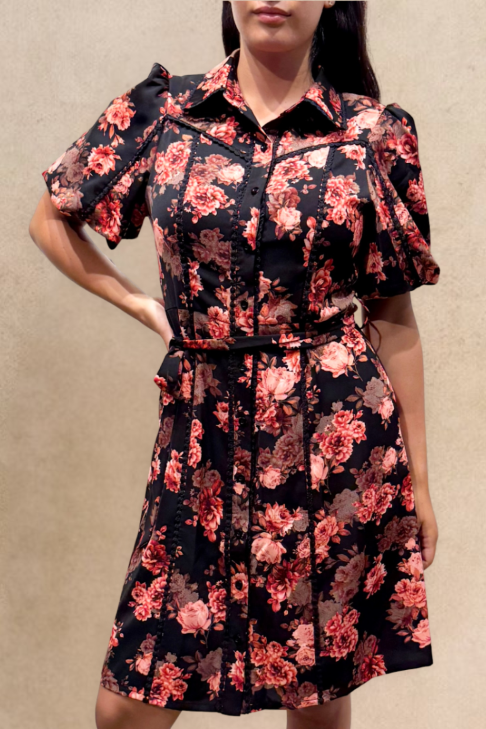 Ruby Black Floral Print Shirt Dress Belted Short Sleeves Button Front