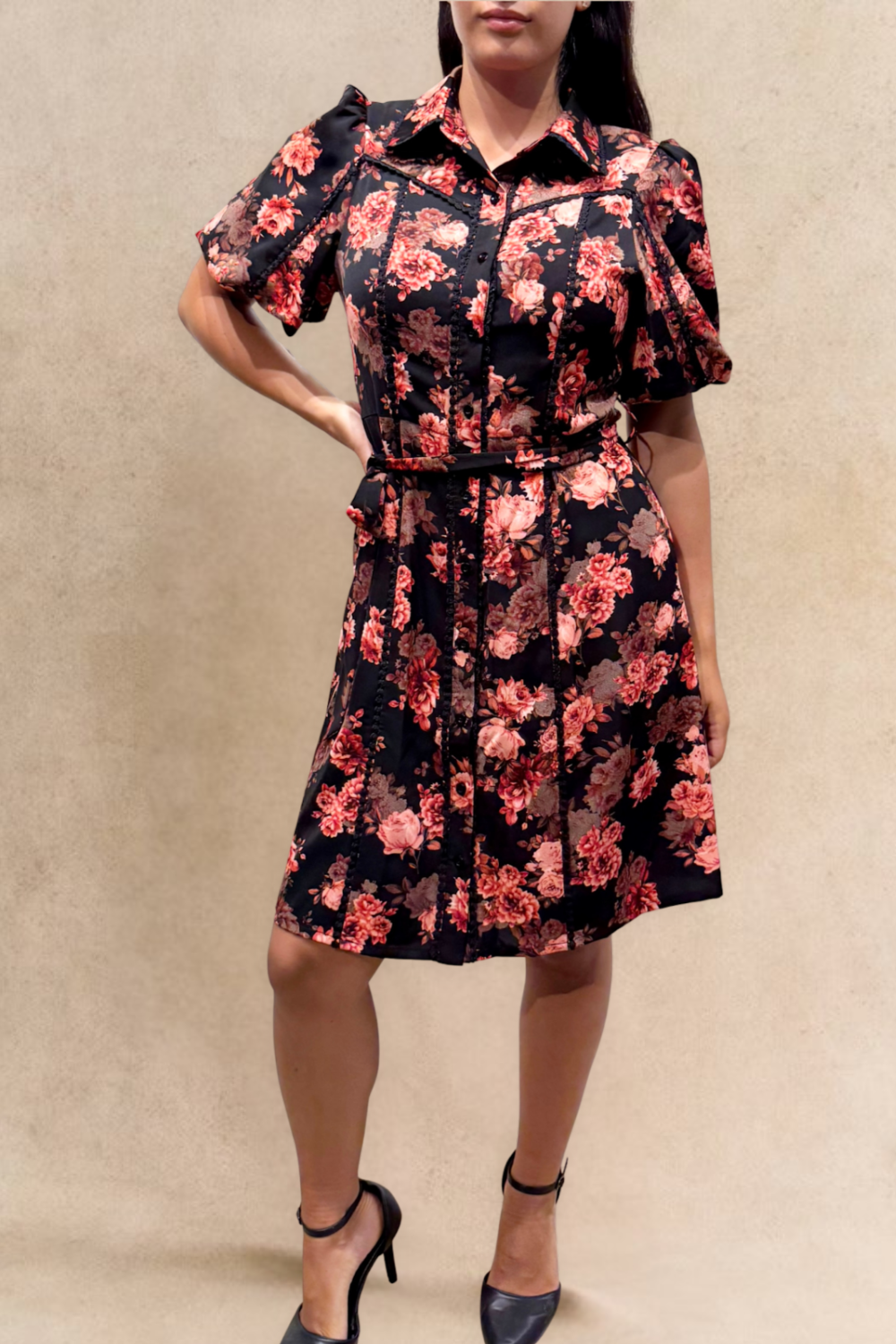 Ruby Black Floral Print Shirt Dress Belted Short Sleeves Button Front